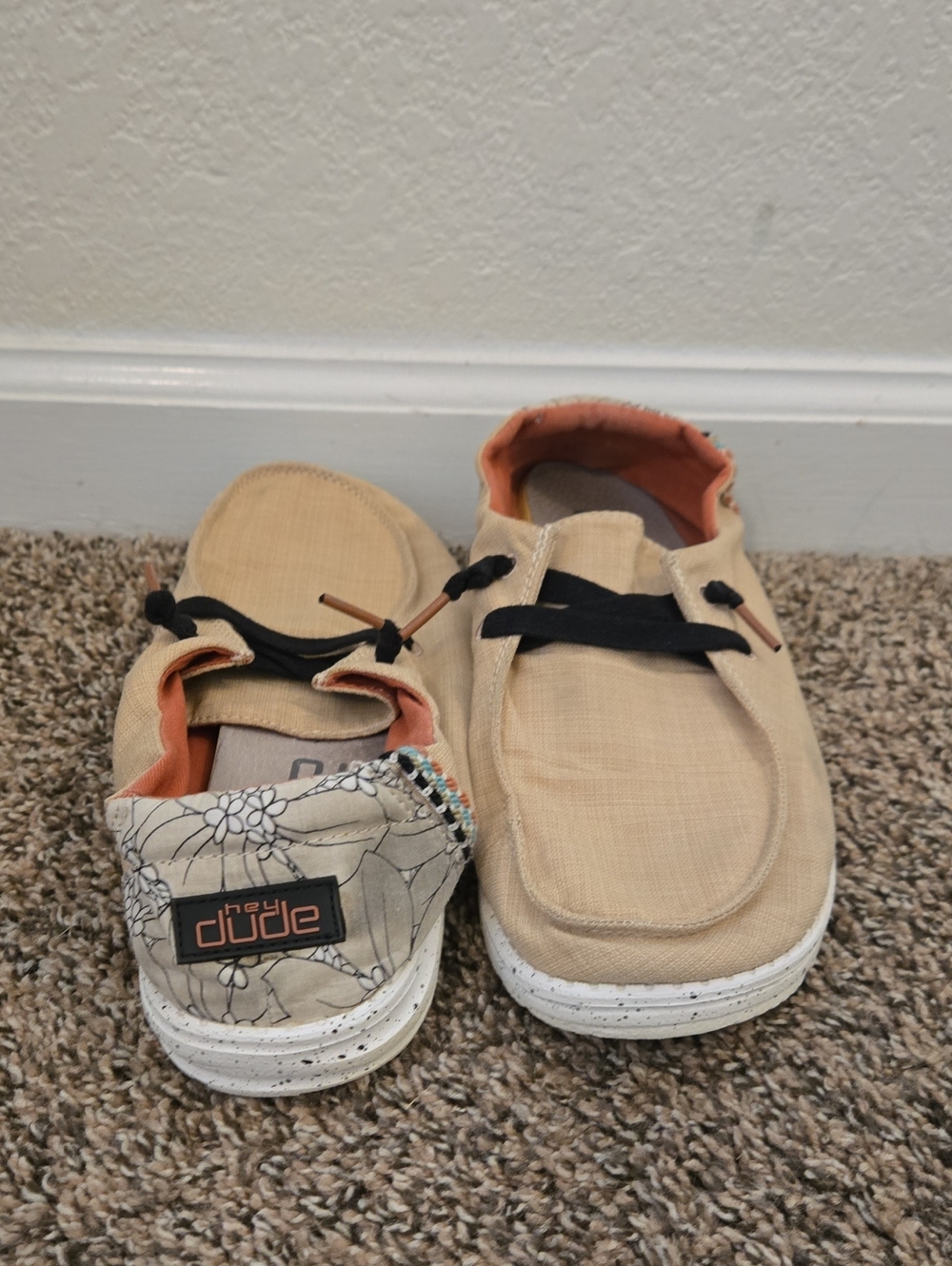 Hey Dude Beige Canvas Slip-Ons with Black Laces and Orange Lining
